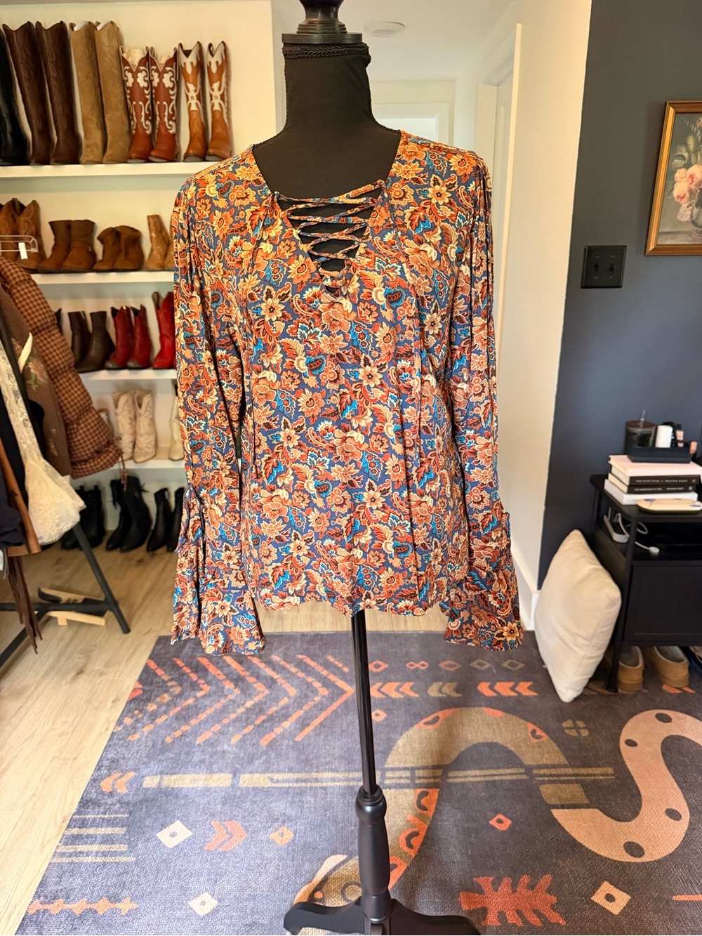 Idyllwind Paisley Lace-Up Long Sleeve Top - Rust Multi
